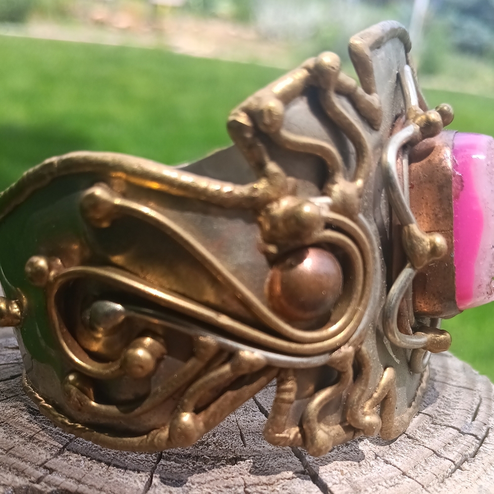 Vtg Mixed Metals Silver Tone Brass Copper Natural Stone Brutalist Cuff Bracelet - Picture 5 of 5
